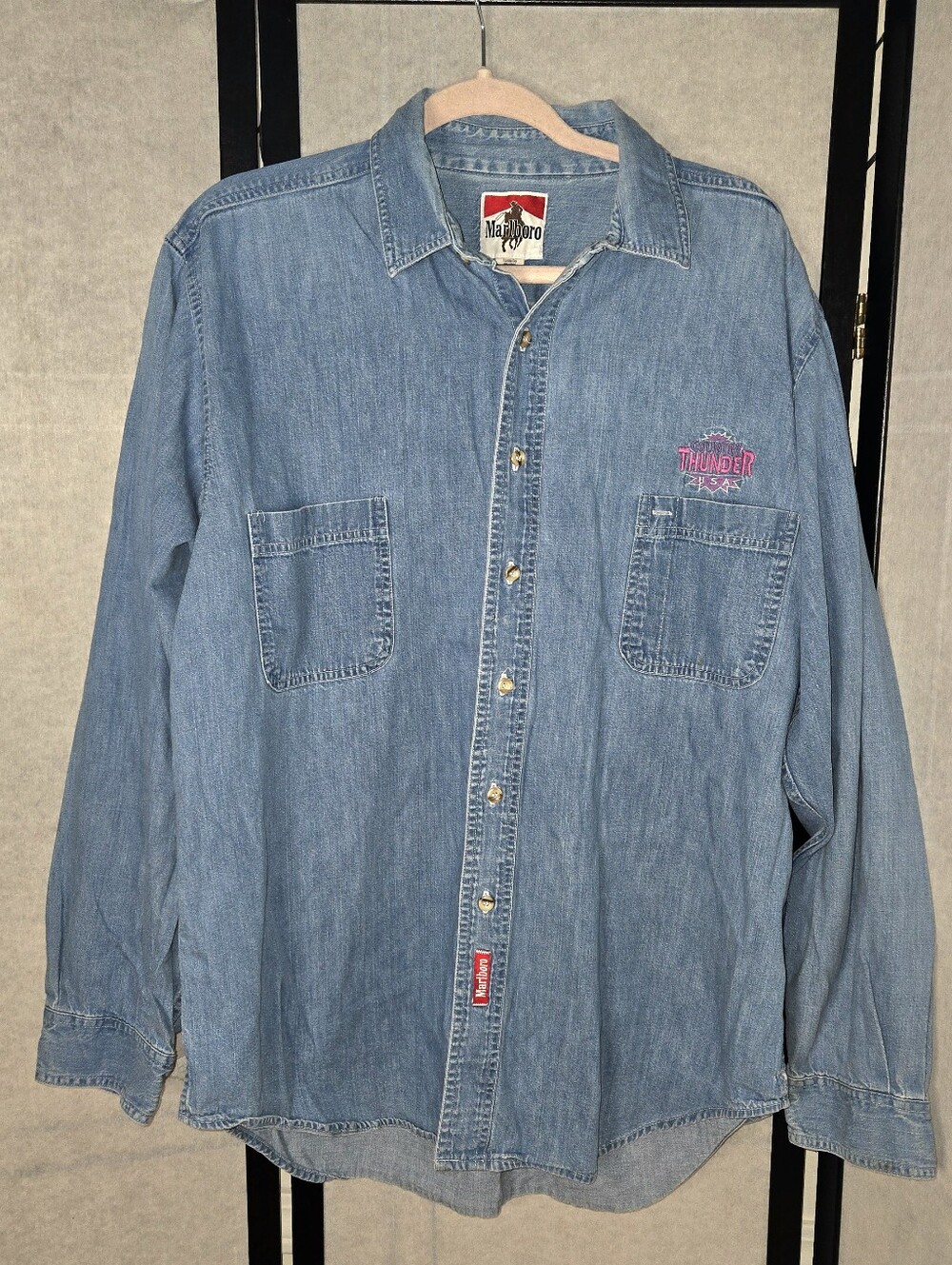 Vintage 90s Marlboro Denim Country Thunder Large Button-Up Shirt Western USA